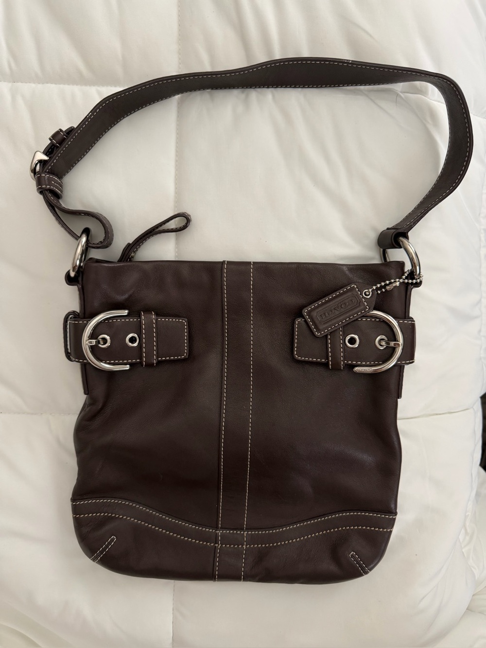 Coach Dark Brown Leather Crossbody Messenger Bag with Buckle Accents